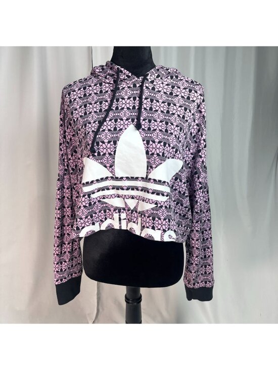 adidas Sweaters - Adidas Purple Black Geometric Pattern Oversized Cropped Hoodie Pullover Small